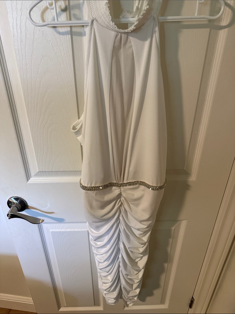 VENUS White Halter Ruched Evening Dress with Beaded Waist